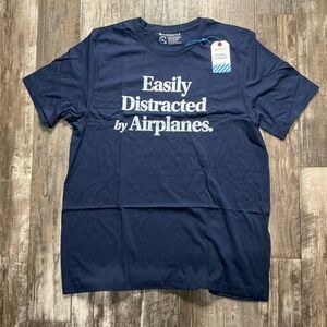 Navy Blue Graphic Tee- “Easily Distracted by Airplanes” Size XL